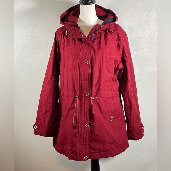 Giacca Maroon Hooded Full Zip Up Button Down Drawstrings Long Sleeve Jacket XL - Picture 2 of 9